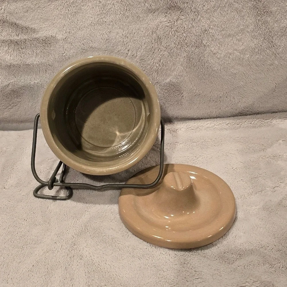 Vintage Stoneware Cheese Crock with Metal Bale Handle Tan Glazed Pottery Lid 5.5